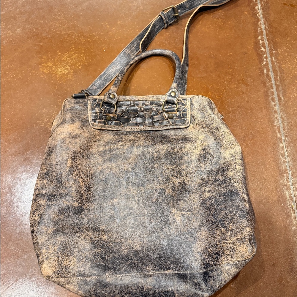 Bed Stu Distressed Leather Shoulder Bag in Brown and Black